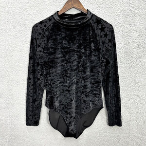 Wavy Black Velvet Bodysuit‎ Womens Large Sheer Mesh Long Sleeve Goth Whimsigoth